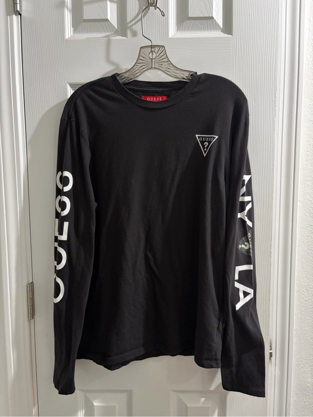 Guess Black Long Sleeve Tee with White Sleeve Graphics